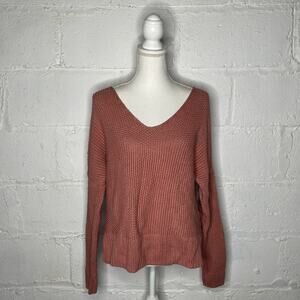 Lucky Brand Woman's Popcorn Knit Ribbed Side-slit Pink V-Neck Sweater Sz Medium